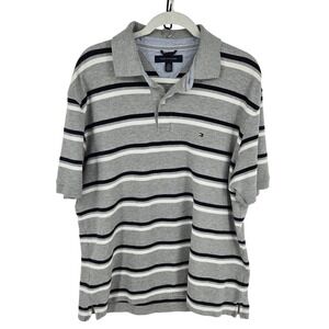 Tommy Hilfiger Polo Shirt Mens Extra Large Gray Stripe Cotton Casual 2000s